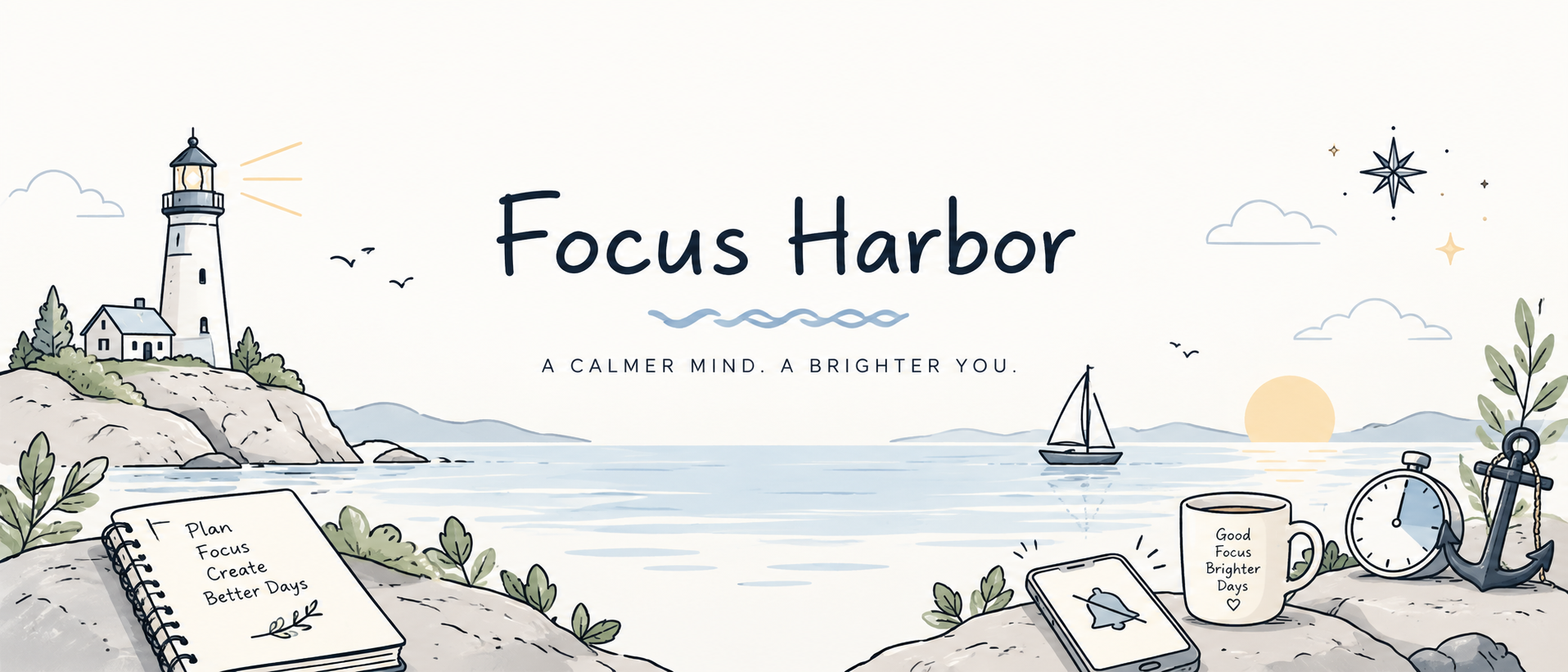Focus Harbor. A calmer mind. A brighter you. A peaceful seaside with a lighthouse, sailboat, notebook and quiet phone.